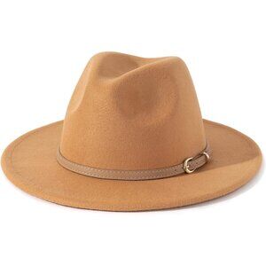 Women Classic Felt Fedora Wide Brim Hat with Belt Buckle
